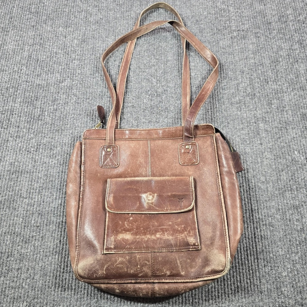 VTG Frye Tote Bag Womens Medium Brown Distressed‎ Leather Zip Closure Coin Purse